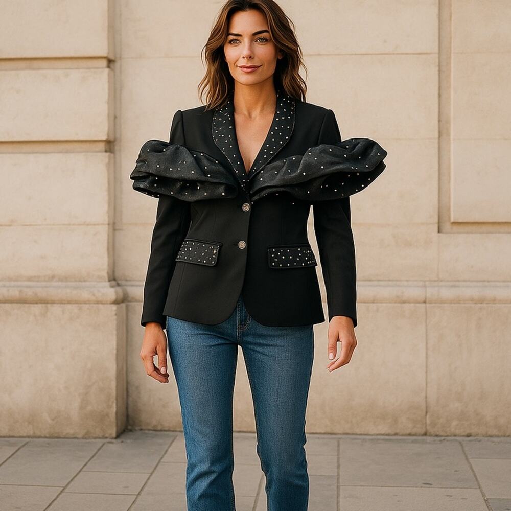 Marc Defang Blazer Statement Black‎  Ruffled Sleeve and Crystal Embellishment